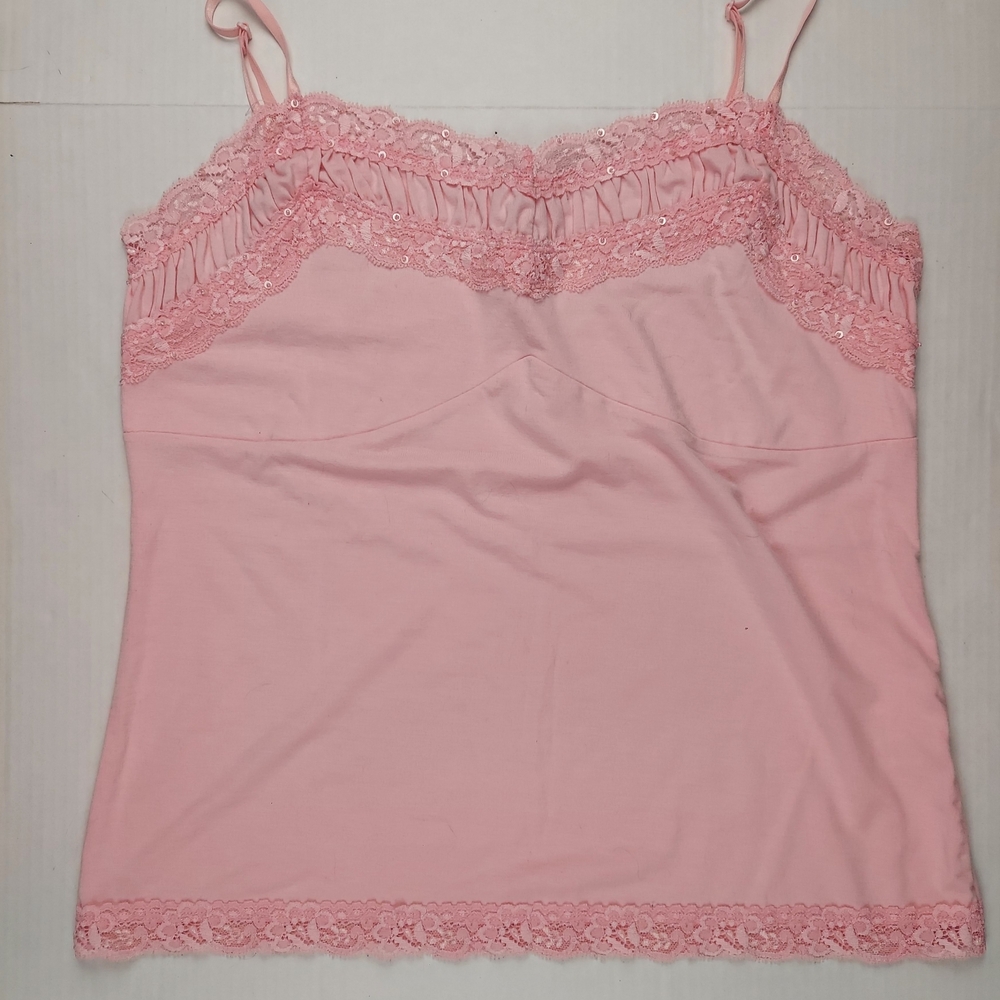 Pink Lace Trim Camisole Babydoll Top Adjustable Strap Large Y2k Girlie Pop Cute